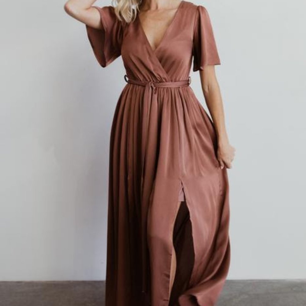 Sicily Rosy Brown Satin Maxi Dress